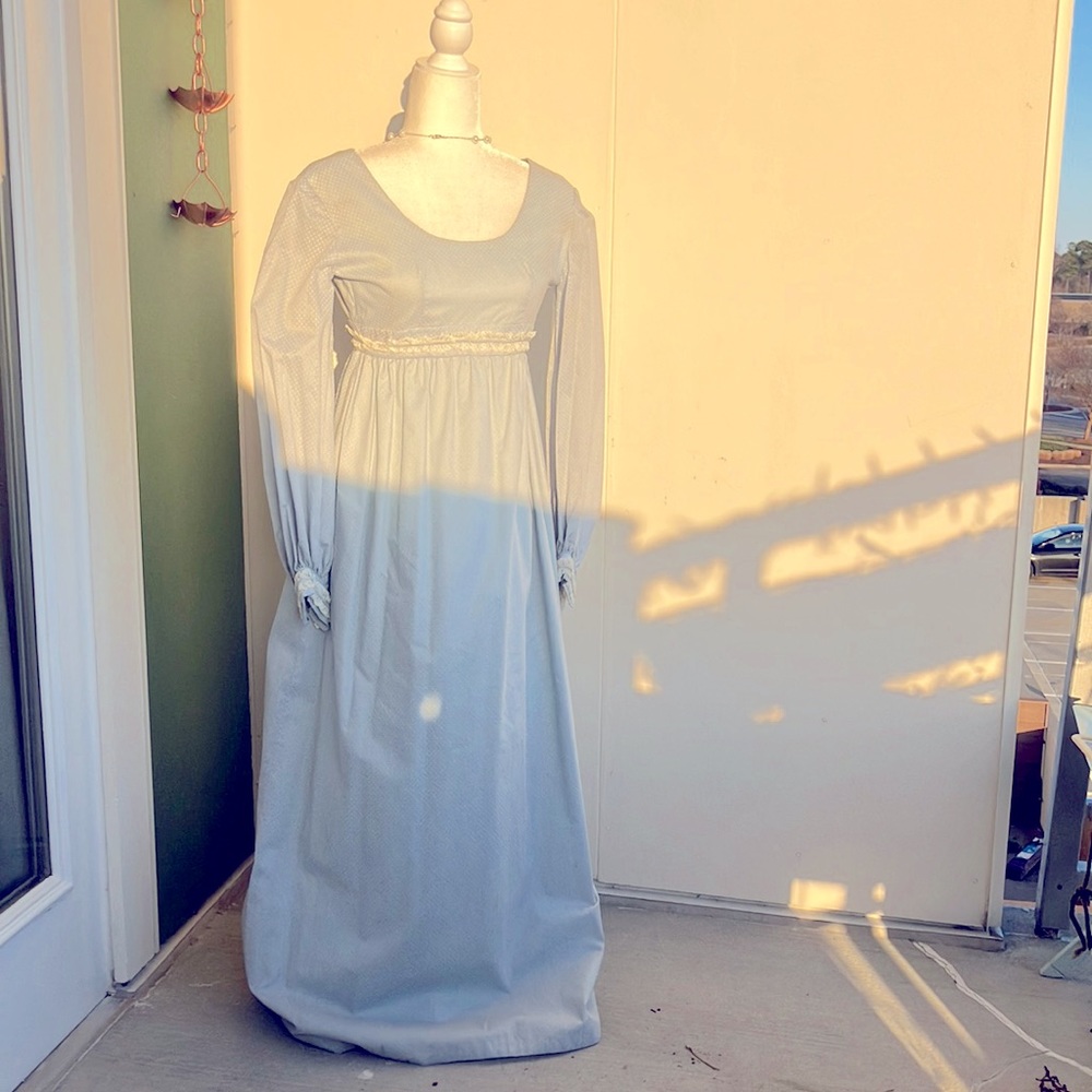 Vintage 60s 70s Baby Blue Swiss Dot Prairie Maxi Dress